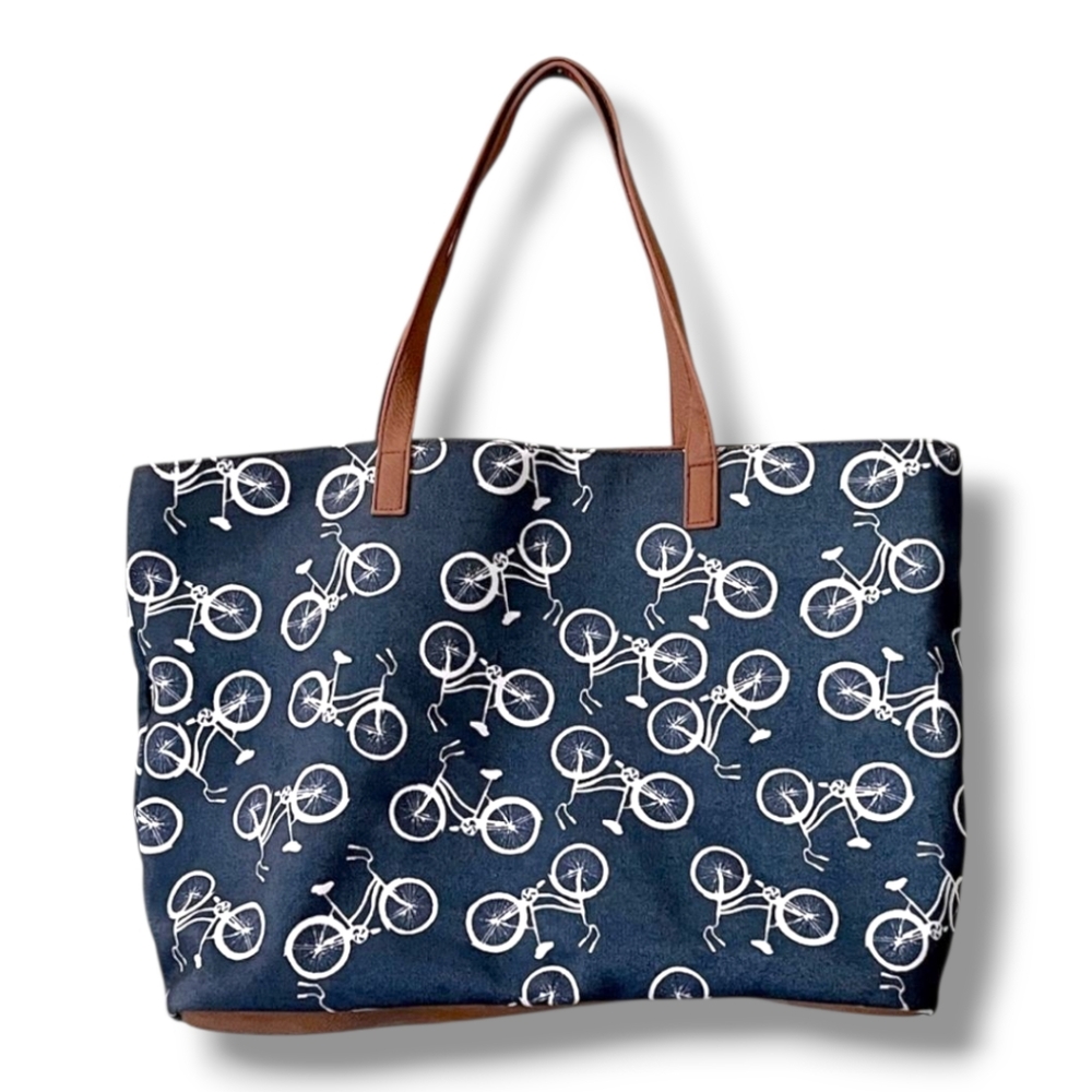 Under One Sky Womens Boho  Bicycle Pocket Tote Bag Brown Blue White